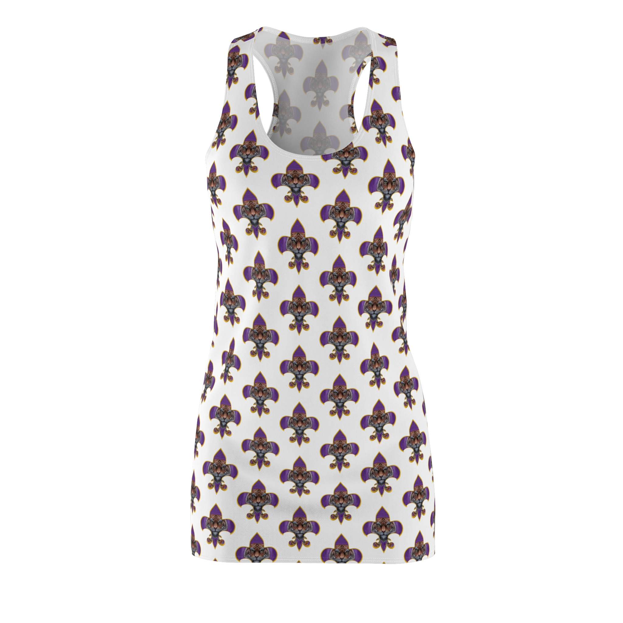Racerback Dress — Purple & Gold Fleur‑de‑Lis Tiger All‑Over Print